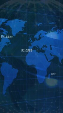 Dünya ve ızgara üzerinde veri işleme animasyonu. Küresel bağlantılar iş dünyası dijital arayüz teknolojisi ve dijital olarak oluşturulan ağ konsepti.