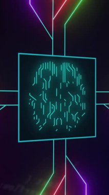 Beynin etrafındaki devre kartı kalıplarının sunucu odasına karşı bilgisayar dili üzerindeki animasyonu. Dijital bileşik, çoklu pozlama, kodlama, yapay zeka, teknoloji, ağ sunucu kavramı.