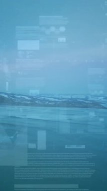 Su ve uzak dağlarla huzurlu bir arazide veri işleme animasyonu. Teknoloji, yenilik, dijital, sükunet, doğa