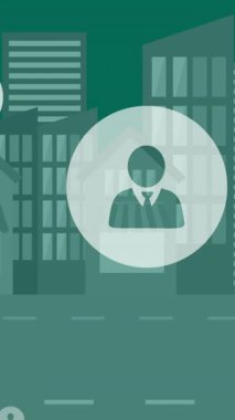 Şehir manzarası üzerinde medya simgelerinin canlandırılması. küresel iş, finans, bağlantılar ve dijital arayüz konsepti dijital olarak oluşturulmuş video.