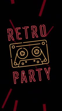 Eski parti metninin ses kaseti ve kırmızı ışıklı siyah üzerine neon kokteyller eşliğinde animasyonu. Retro, davetiye, kutlama, parti, eğlence ve iletişim, dijital olarak oluşturulmuş video.