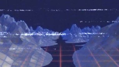 Kırmızı ızgara boyunca hareket eden kamera arızanın titremesine ve tepelerin dengesiz bir şekilde kaymasına neden oluyor. Fütürist, soyut, dijital, geometrik, retro, sürükleyici, sinematik