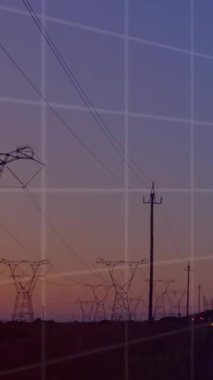 Animation of statistical data processing over network towers against sunset sky. Global networking and business data technology concept