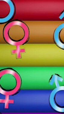 Çizgili arka planda erkek ve kadın sembolleri olan gökkuşağı yumruğu animasyonu. Güç, gey, lezbiyen, lgbtq, eşitlik, haklar ve gurur dijital olarak üretilen video.