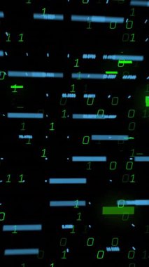 İkili kod ve veri grafik animasyonu yeşil ve siyah arkaplan üzerinde. Teknoloji, dijital, kodlama, bilgi