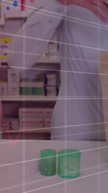 Animation of financial data processing over caucasian female pharmacist. Global pharmaceuticals, business, finance, computing and data processing concept digitally generated video.