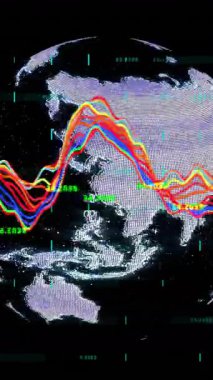 Renkli veri çizgilerine ve kıtalar üzerinde ikili kod animasyonuna sahip bir dünya. Teknoloji, dijital, bağlantı, küresel, ağ, siber uzay