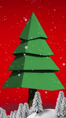 Yılbaşı ağacı ve kış manzarasının üzerine yağan karın animasyonu. Noel, gelenek ve kutlama konsepti dijital olarak oluşturuldu.