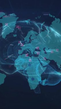 Siyah arka plandaki dünya haritasıyla birlikte dijital beynin taranması. Küresel bilim, teknoloji, hesaplama, bağlantılar ve dijital arayüz kavramı dijital olarak oluşturulmuş video.