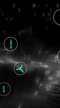 Okulda veri ve sürdürülebilirliği gösteren ikili kod ve çevre simgelerinin animasyonu. Teknoloji, eğitim, yenilik, çevre dostu, dijital, yeşil