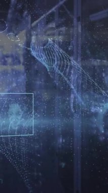 Bilgisayar sunucuları üzerinde biyometrik fotoğraflar, asma kilit ve dijital veri işleme animasyonları. Dijital olarak oluşturulmuş küresel bağlantılar, hesaplama ve veri işleme kavramı.