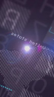 Dijital dünya haritasında ağ desenleriyle parlayan parlak ışığın animasyonu. Teknoloji, siber, yenilik, küresel, geleceksel, veri