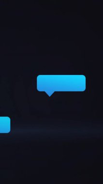 Siyah arka planda yüzen mavi ve beyaz sohbet baloncuklarının animasyonu. İletişim, iletişim, mesajlaşma, dijital, teknoloji, diyalog