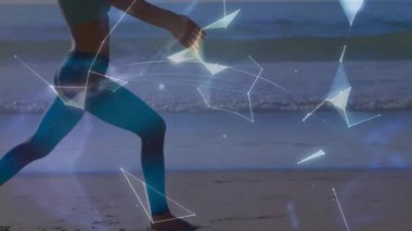 Sağlık teknisyenlerine göre kadın hamlesini yapıyor. Kollarını kaldırıyor, çokgenler birleşip ağları gösteriyor. Fitness, sağlık, dijital, fütüristik, aktif giyim, meditasyon, hareketlilik