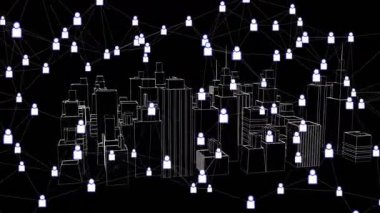Siyahta açılıyor, kablo şema şehri veri görselleştirmesi için ağa bağlanan düğümler gibi görünüyor. Gelecek, teknoloji, soyutlama, bağlantı, dijital, yenilik, siber