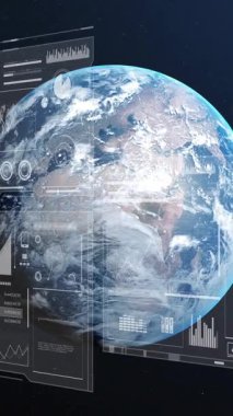 Dijital arayüz arka planında veri grafikleri ve grafik animasyonlarıyla Dünya 'yı döndürüyor. Teknoloji, veri görselleştirme, küresel, analitik, fütüristik, yenilik