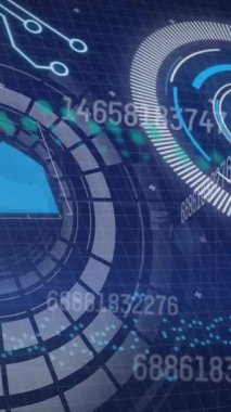 Donanma arkaplanındaki çember ve çeşitli verilerin animasyonu. Dijital olarak oluşturulan küresel veri işleme, finans ve teknoloji konsepti.