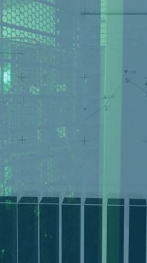 Veri sunucu odasında hareket eden çoklu grafiklerin animasyonu. Dijital bileşim, iş dünyası, rapor, ağ güvenliği, veri merkezi, ağ oluşturma, teknoloji ve ağ sunucu kavramı.