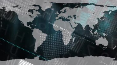 Dünya haritasını süpüren deniz mavisi ışınları üzerinde, veri kaydırma, kavis izleme ve çubuklar analitik için titreşiyor. Teknoloji, veri görselleştirme, analitik, dijital arayüz, fütüristik, bilgi, ağ