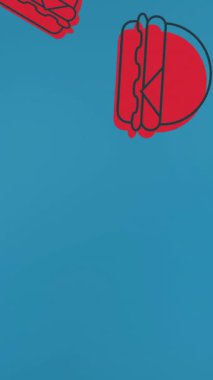 Mavi arka planda yüzen birden fazla kırmızı hamburgerin animasyonu. Fast food ve yeme konsepti dijital olarak üretilen video.