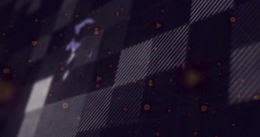 Parlayan teknoloji simgeleri karanlık ızgara üzerinde hareket ediyor menekşe parçalarının verileri gösteren dönen bir küre oluşturmasına neden oluyor. Dijital, fütüristik, stilize, teknolojik, soyut, sürükleyici, yenilikçi