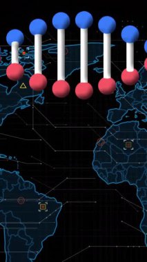 Dünya haritasında veri noktaları ve bağlantılarla DNA ipliği animasyonu. Genetik, biyoteknoloji, veri görselleştirme, küresel, ağ, yenilik