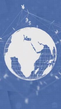 Mavi arkaplan üzerinde para birimi simgeleri ve veri işleme ile dünyanın animasyonu. Dijital olarak oluşturulmuş küresel bağlantılar, hesaplama ve veri işleme kavramı.