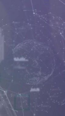 Bağlantılar ve veri işleme ağının animasyonu. Dijital olarak oluşturulmuş küresel bağlantılar, finans, bilgisayar ve veri işleme kavramı.