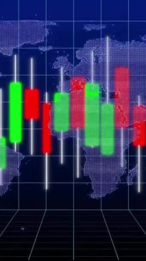 Dünya haritası üzerinde küresel finansal veri eğilimlerini gösteren Candlestick çizelgesi. Maliye, analitik, ekonomi, pazar, ticaret, istatistik