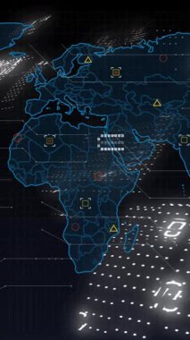 Dünya haritasının animasyonunda kıtaları dijital verilerle kaplayan ikili kod. Küresel, teknoloji, ağ, fütüristik, siber uzay, bağlantı
