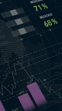 Dünya haritası animasyonunda finansal veri analizi, pasta grafikleri ve grafikler gösteriliyor. Finans, analitik, veri görselleştirme, küresel, istatistik, ekonomi