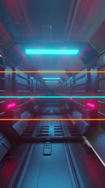 Neon ışıkları, canlandırmada yansıtıcı metalik yüzeyleri olan fütürist koridorları aydınlatıyor. Siberpunk, teknoloji, yapay zeka, dijital, bilim kurgu, aydınlatma