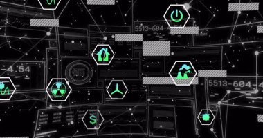 Kablo şebekesi üzerinde azalan ekolojik altıgen simgeleri veri görselleştirmesini başlatıyor, kodları güncelleyen çubukları kaydırıyor. Sürdürülebilirlik, teknoloji, dijital, yenilik, çevre, enerji, veri görselleştirmesi