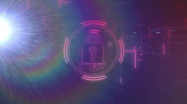 Sol tarafta mavi-beyaz parlama mercek çizgileri oluşturan asma kilit ikonu güvenliği arttırıyor. Siber güvenlik, dijital, fütürist, koruma, şifreleme, arayüz, teknoloji