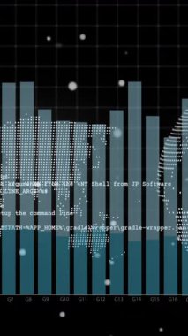Grafik ve veri işleme animasyonu dünya haritasında siyah zemin üzerinde. Küresel iletişim, iş, veri ve dijital arayüz kavramı dijital olarak oluşturulmuş video.