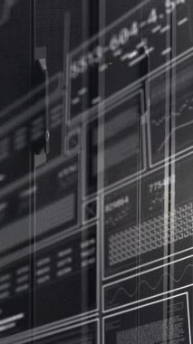Animation of interface with data processing against computer server room. Computer interface and business data storage technology concept