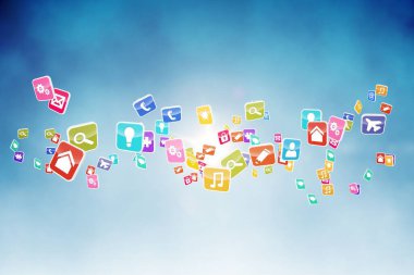 flat messaging, search and phone icons are floating in wavy formation over blue gradient backdrop. Technology, digital, modern, vibrant, connectivity, communication, interface