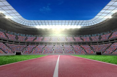Flat design is showing red running track with white lane divider leading into modern stadium. Athletics, sports, competition, outdoor, vibrant, energetic, community