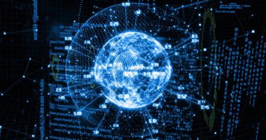Floating digital globe representing data network in grid, with numeric overlays and light trails. Technology, cybersecurity, virtual, innovation, connectivity, futuristic, analytics