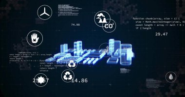 Showing industrial hologram glowing in virtual interface, with numeric overlays and code snippets. Futuristic, data visualization, digital interface, high-tech, analytics, environmental, renewable energy