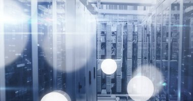 Standing central server cabinets in data center corridor, with blade servers and bundled cabling. Technology, data, cybersecurity, infrastructure, digital, networking, futuristic