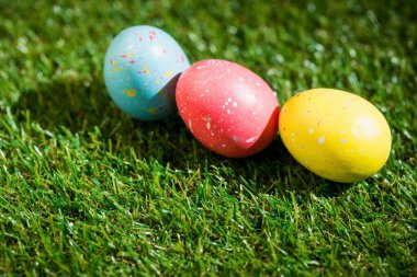 Bahçedeki çimenlik alanda renkli Paskalya yumurtaları
