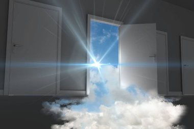 Digital composite of sunlight and clouds coming inside room from open door