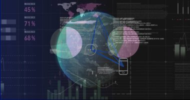 Displaying 3D digital globe rotating on virtual dashboard, with smartphone icon and code blocks. Technology, data visualization, cyber security, infographics, futuristic, analytics, digital interface