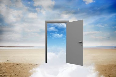 Digital image of open door on beach with clouds against sky