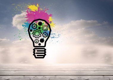 Light bulb with cogs on splashes in sky