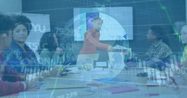 Handing tablet woman in red sweater offering device to seated colleague at modern conference room. Corporate, teamwork, professional, collaboration, digital, data, modern