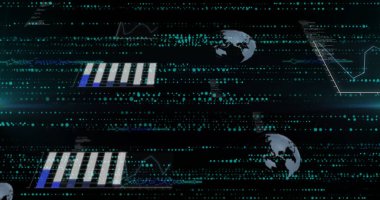 Sanal arayüzde veri noktalarını çubuk grafikleri ve dünya simgeleriyle dijital olarak gösteren gösterge paneli. Teknoloji, veri, analitik, gelecek, yenilik, siber güvenlik, görselleştirme