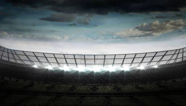Flat design is showing empty stadium seats under overcast sky and curved roof with lit floodlights. Stadium, architecture, modern, industrial, dramatic, outdoor, lighting