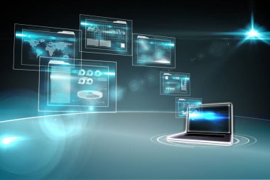 3D render laptop is floating on glowing platform with holographic world map and data dashboards. Futuristic, technology, innovation, interface, digital, cyber, high-tech